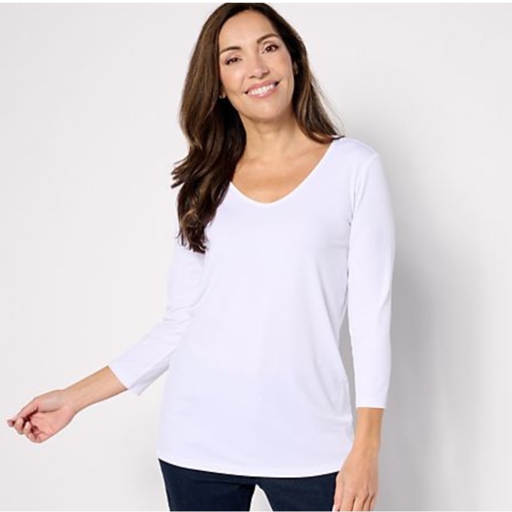 Susan Graver Modern Essentials Liquid Knit 3/4 Sleeve Top White Large EUC